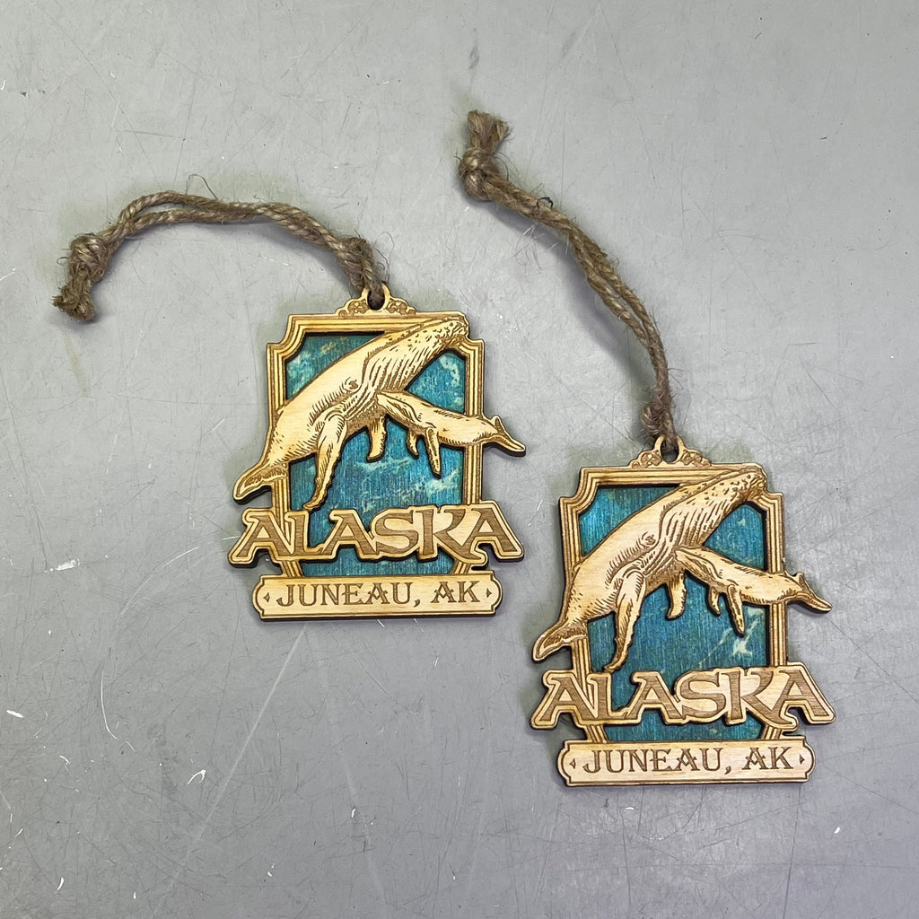 (2 PACK) Whale Family Laser Cut Wood Collectable Ornament Juneau Alaska Souvenir