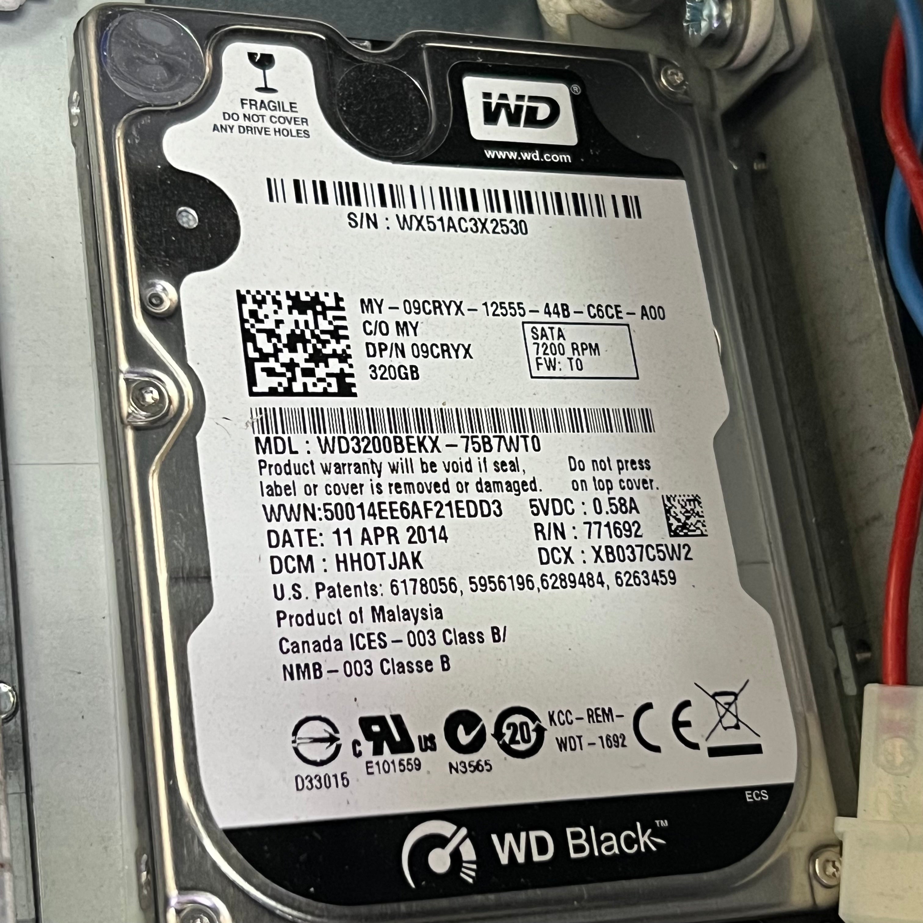 WD CPU Internal Hard Drive 320GB, Grey WD3200BEKX (AS-IS, Open Lid)