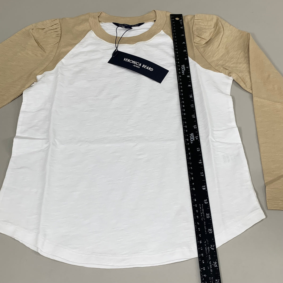 VERONICA BEARD Jeans Women's Mason Baseball Tee Sz-XS Stone Khaki/White