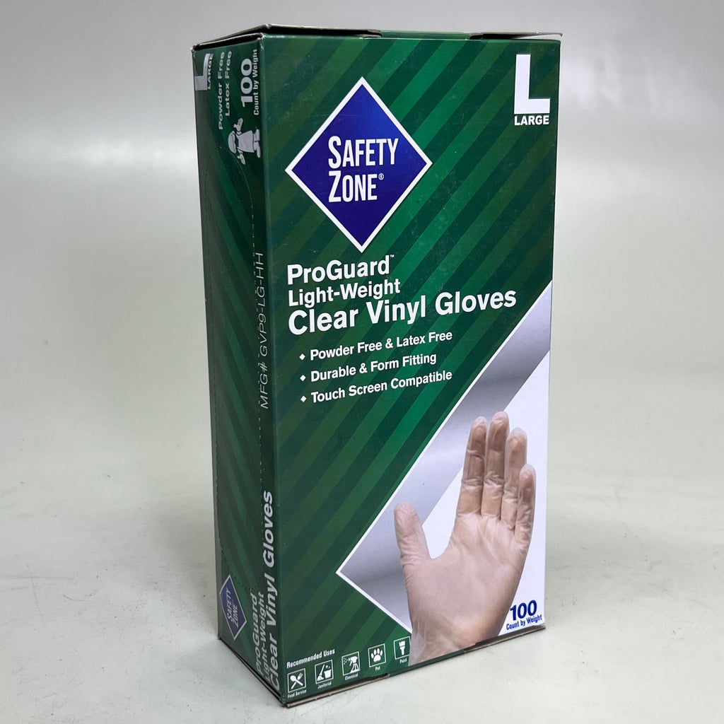 SAFETY ZONE (2 PACK of 100 Gloves) Clear Vinyl Gloves Sz L, GVP9-LG-HH