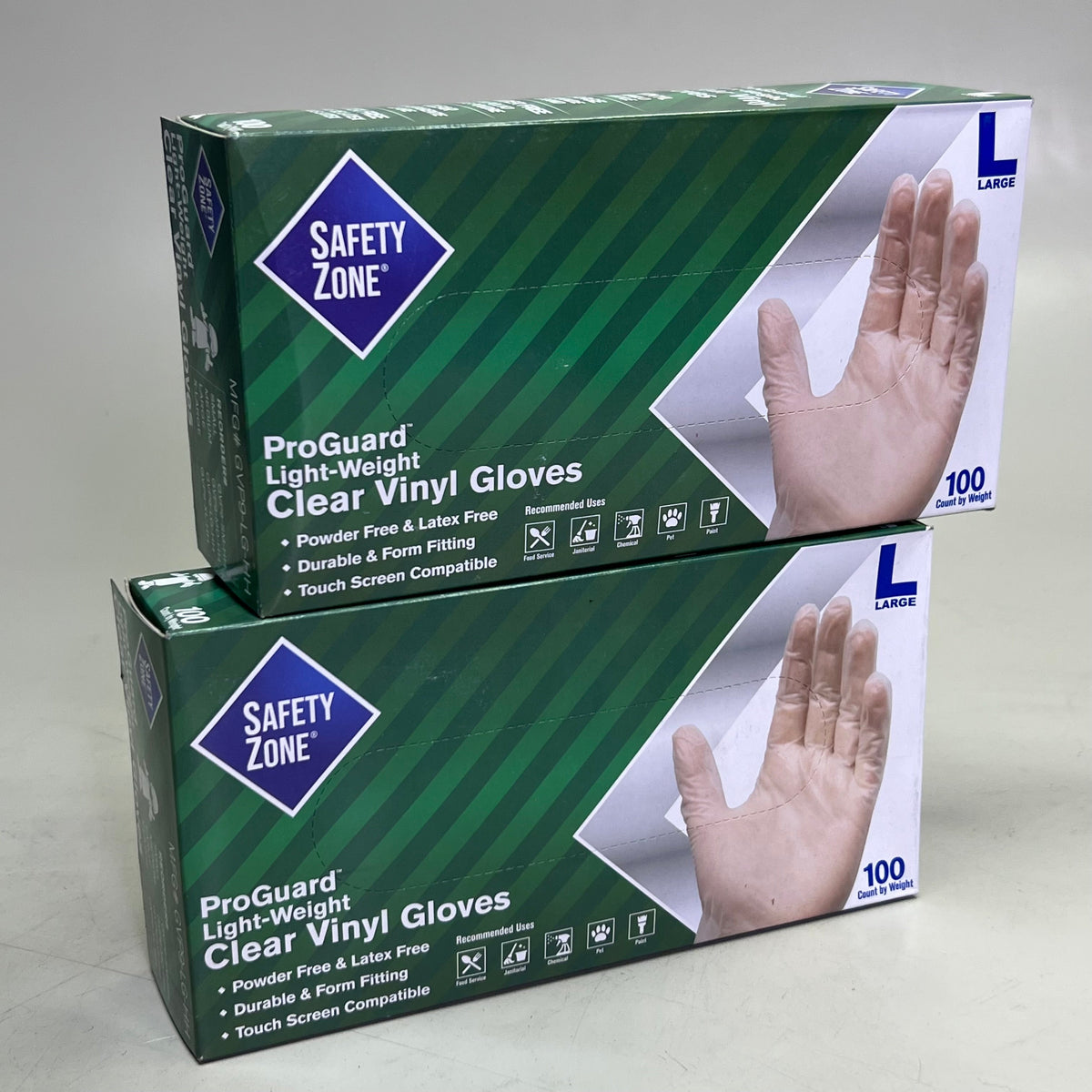 SAFETY ZONE (2 PACK of 100 Gloves) Clear Vinyl Gloves Sz L, GVP9-LG-HH