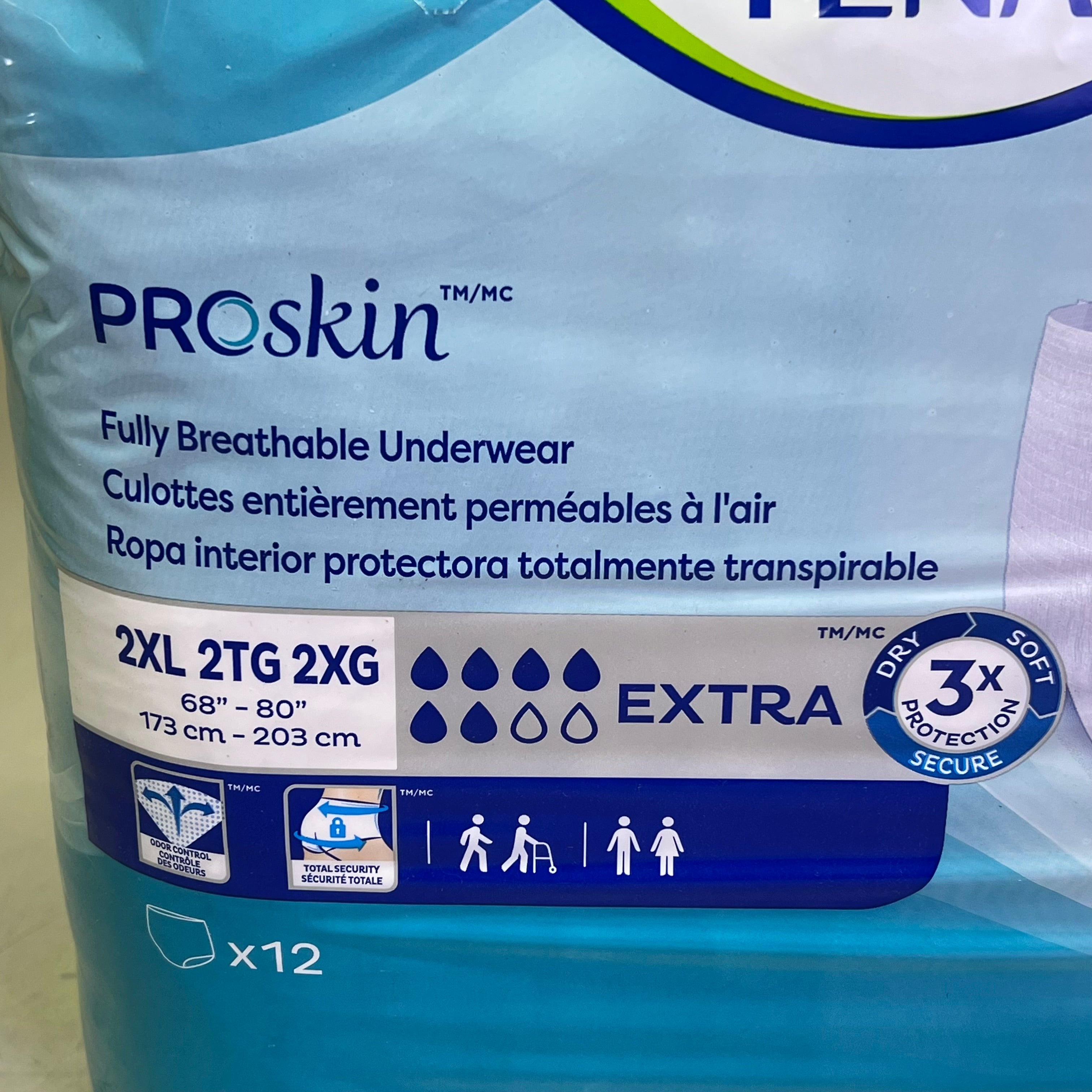 TENA (2 PACK, 12 PAIRS EACH) Disposable Extra Absorbent Underwear 2XL 68"-80"