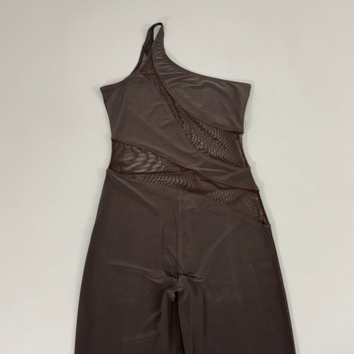 NORMA KAMALI One Shoulder Snake Mesh Catsuit Footsie Women's Sz S/36 Chocolate