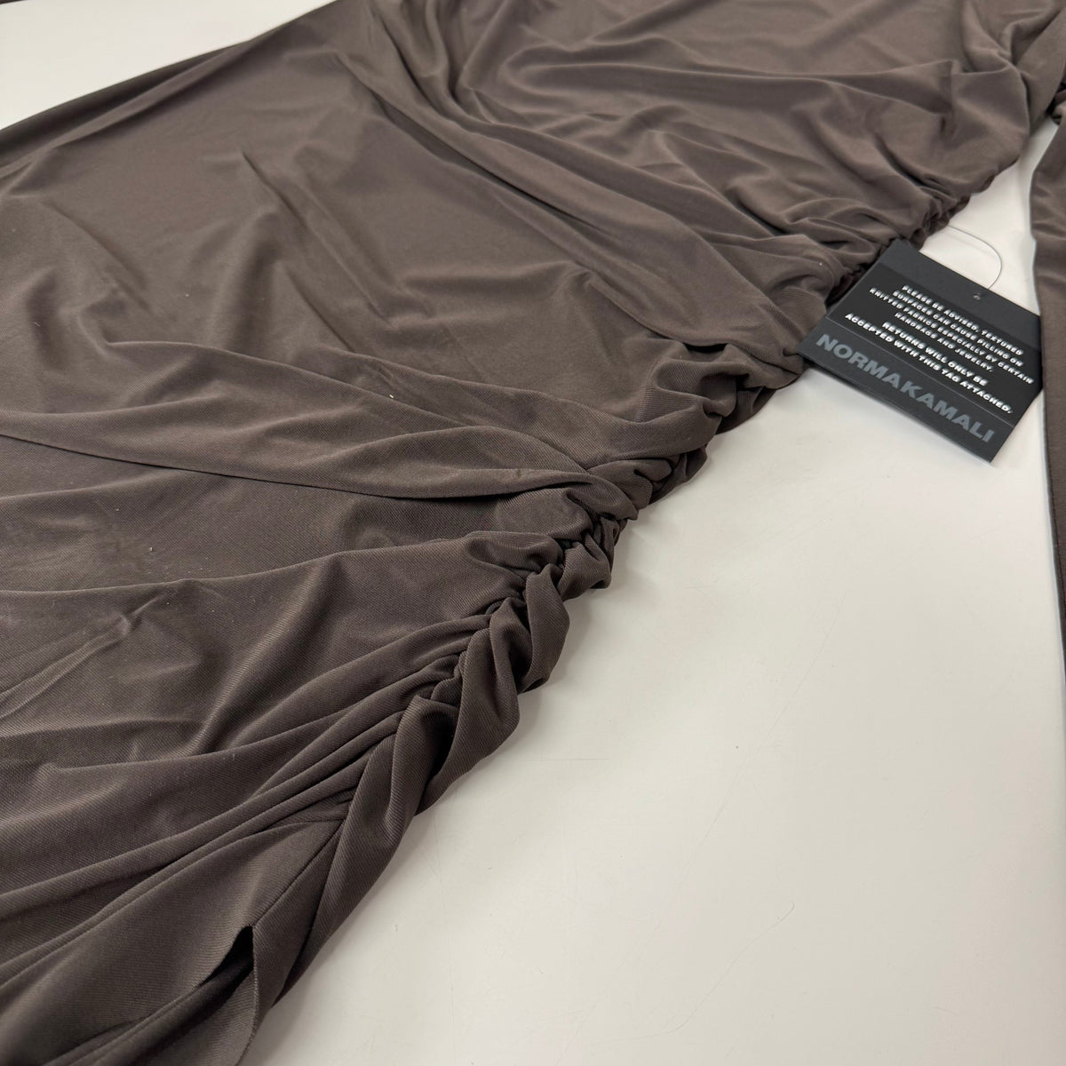 NORMA KAMALI Turtle Neck Ruched Side Drape Gown Unlined Women's XL/42 Chocolate