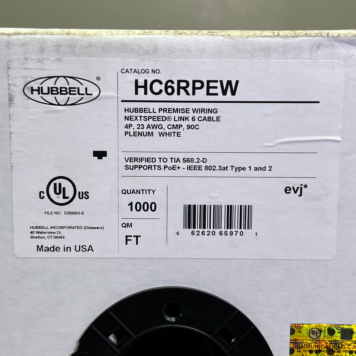 HUBBELL UTP Cable 23 AWG 4 Pair CMP Plenum 1000 ft, White HC6RPEW