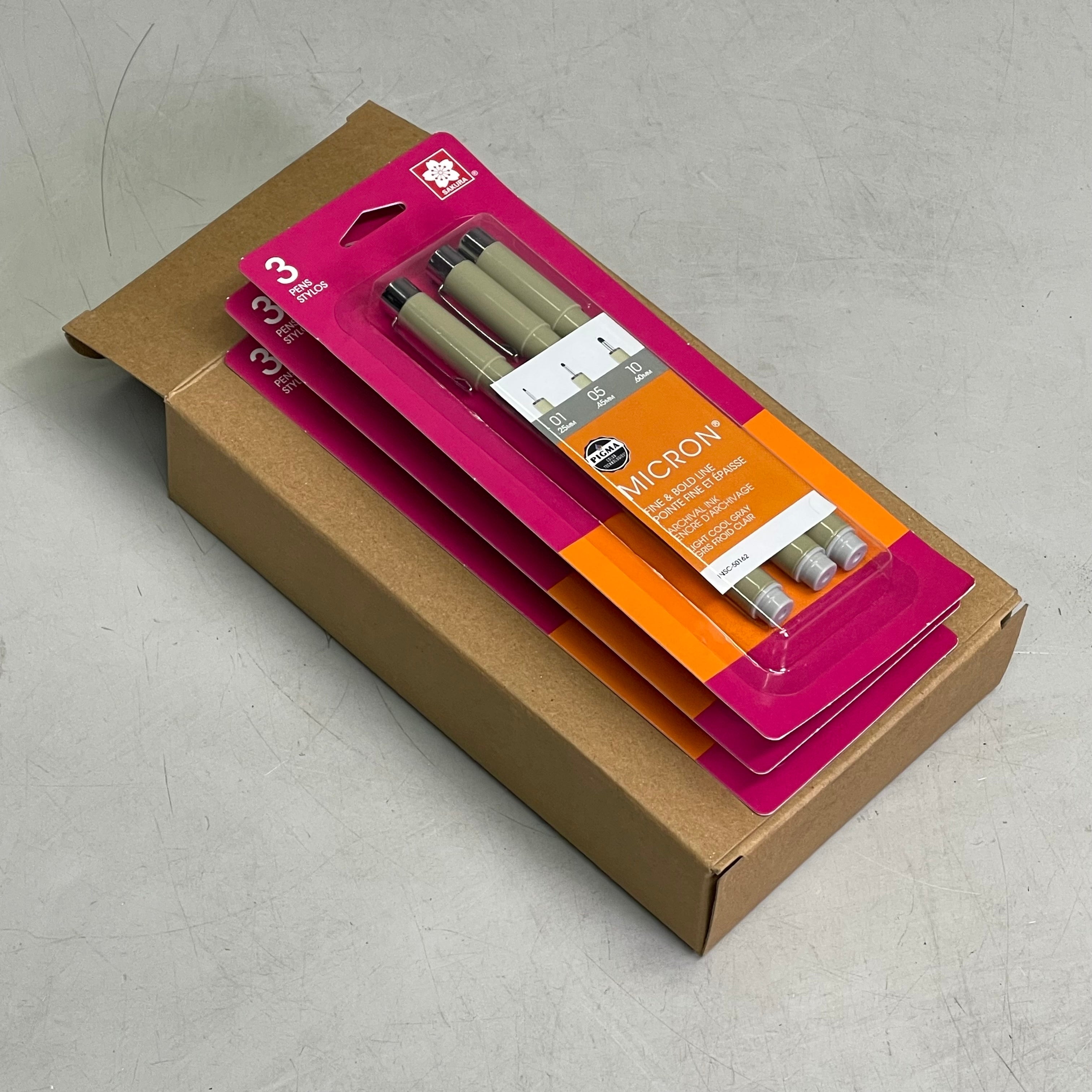 SAKURA (3-Pack) Pigma Micron Pens 0.25mm, 0.45mm, 0.60mm Light Cool Gray 37903