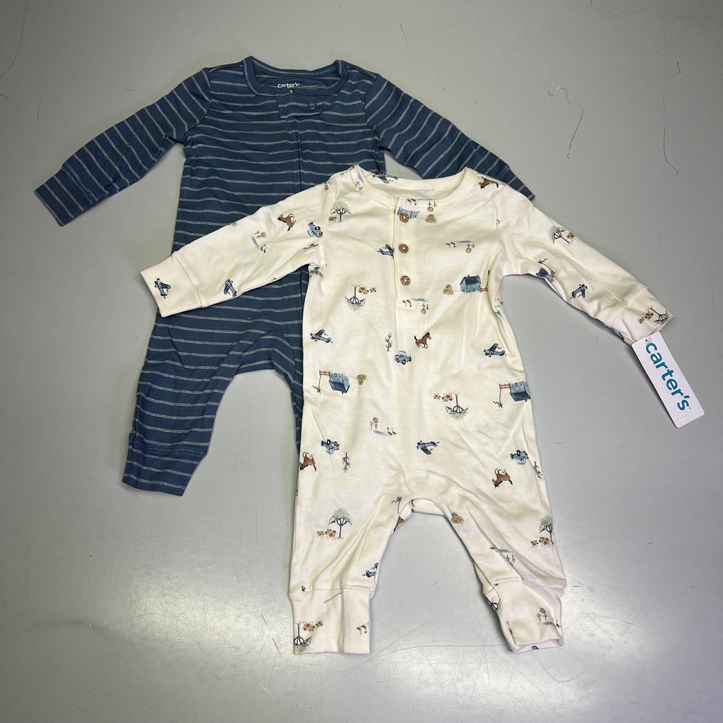CARTERS (SET OF 2) Soft Farmhouse Pattern One Body Suit Baby Boy Sz 3M Blue/White