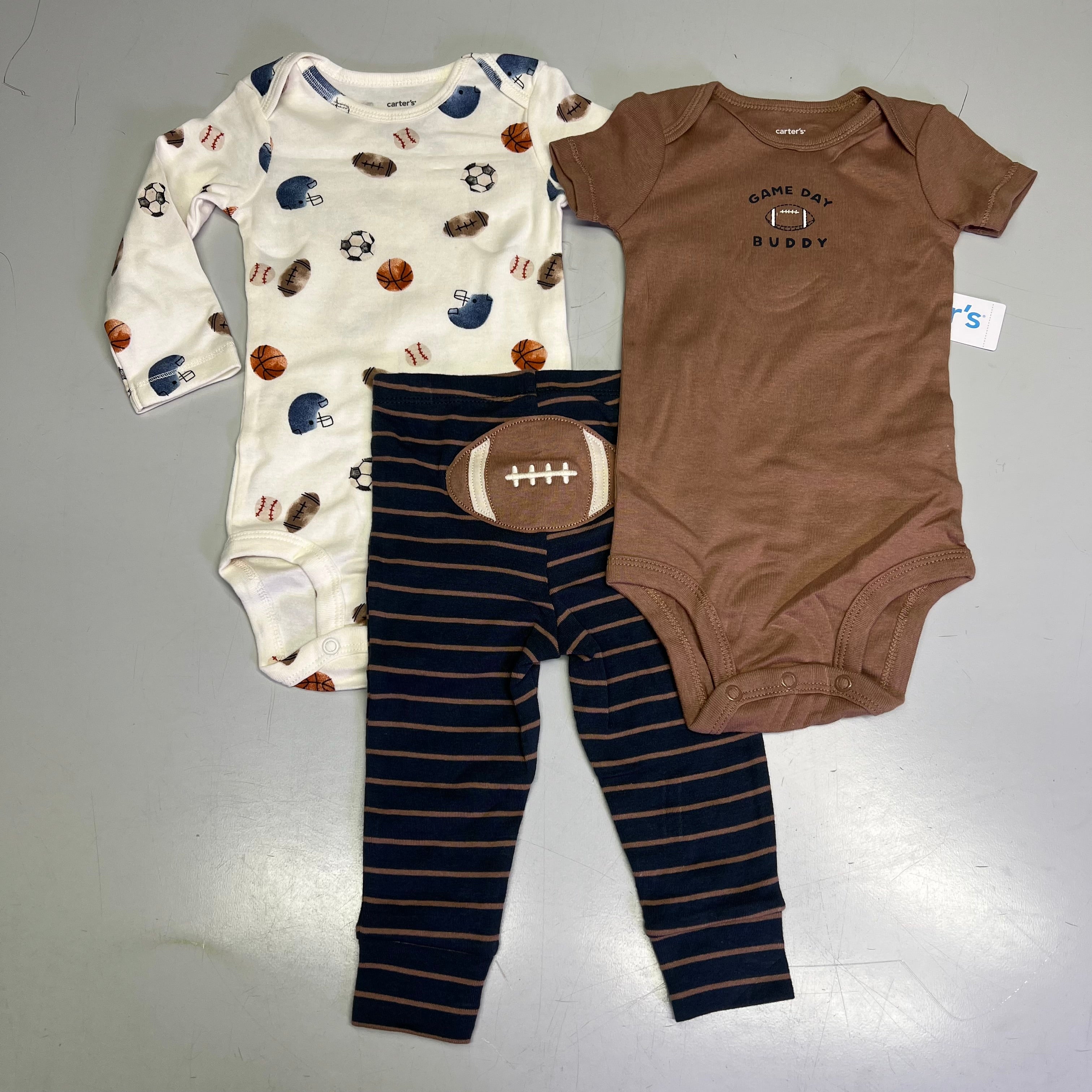 CARTERS (SET OF 3) Game Day Outfits Baby Boy's Sz 3M Brown/White/Navy 1S99120