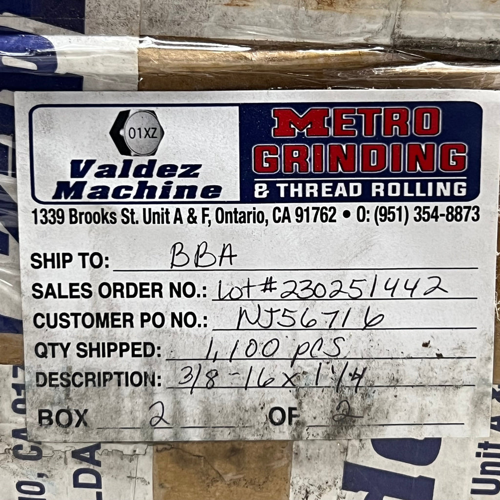 VALDEZ MACHINE (100 Pcs) Hex HD Cap Screws Sz 3/8-16 x 1 1/4, Gold NJ56716