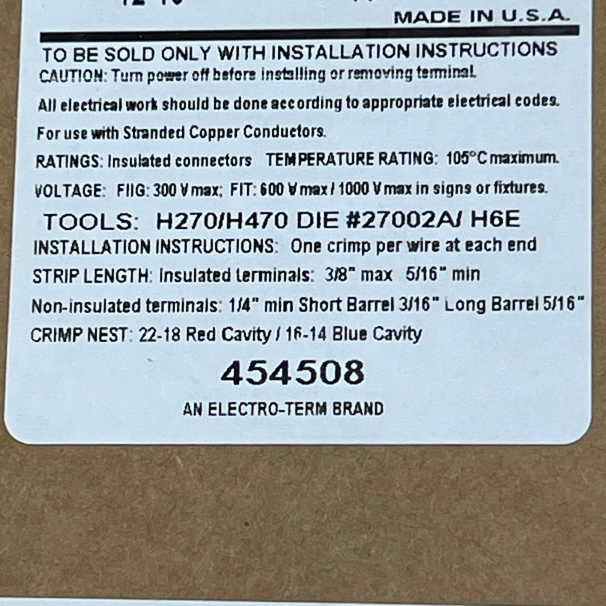 ELECTRO TERM (2000 ROLL) Hollingsworth Solderless Terminals 12-10 XR5109NT-MATTE