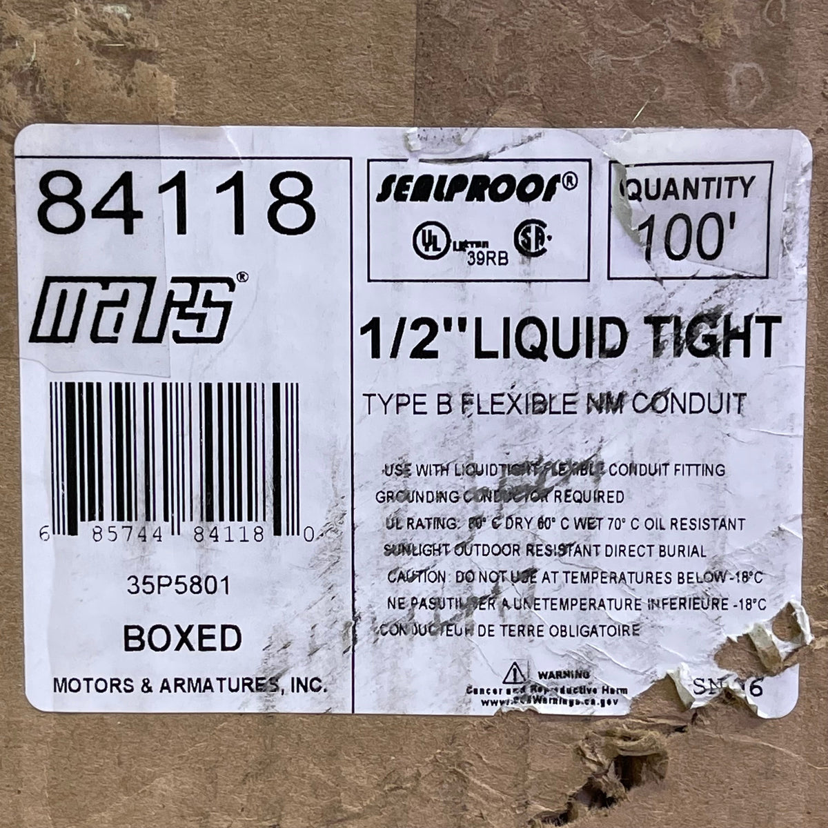 MARS Liquid Tight Type B Flexible Conduit 1/2" x 100' Grey 35P5801