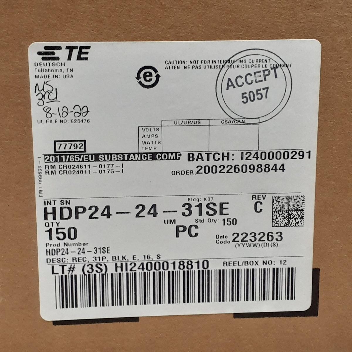 TE CONNECTIVITY 10 Pk Housing for Female Terminals HDP24-24-31SE (New)