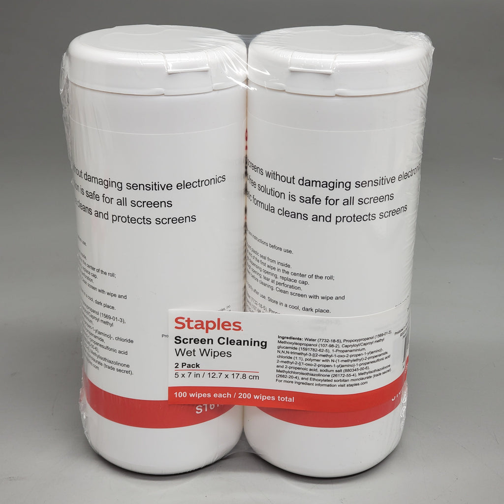 ZA@ STAPLES (2 Pack) Screen Cleaning Wet Wipes 100ct 5x7" ST61848 Non-Abrasive