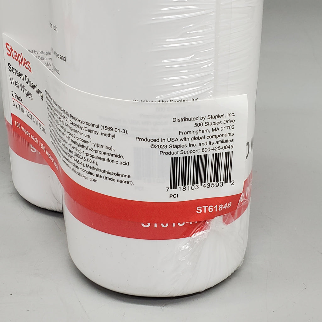 ZA@ STAPLES (2 Pack) Screen Cleaning Wet Wipes 100ct 5x7" ST61848 Non-Abrasive