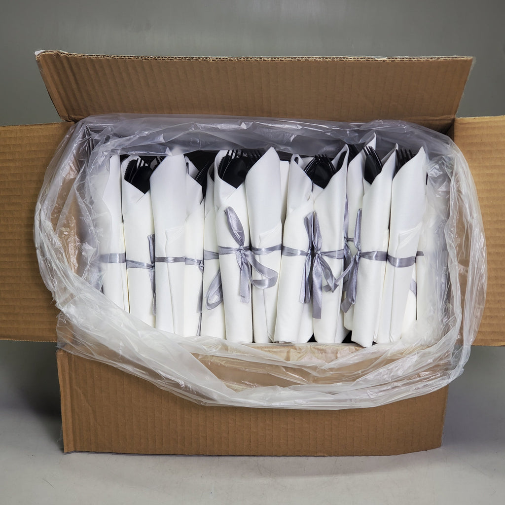 RESTAURANTWARE (100 Sets) Argento Black Plastic Cutlery Sets W/ Napkin 7.25" RWP0107LBW