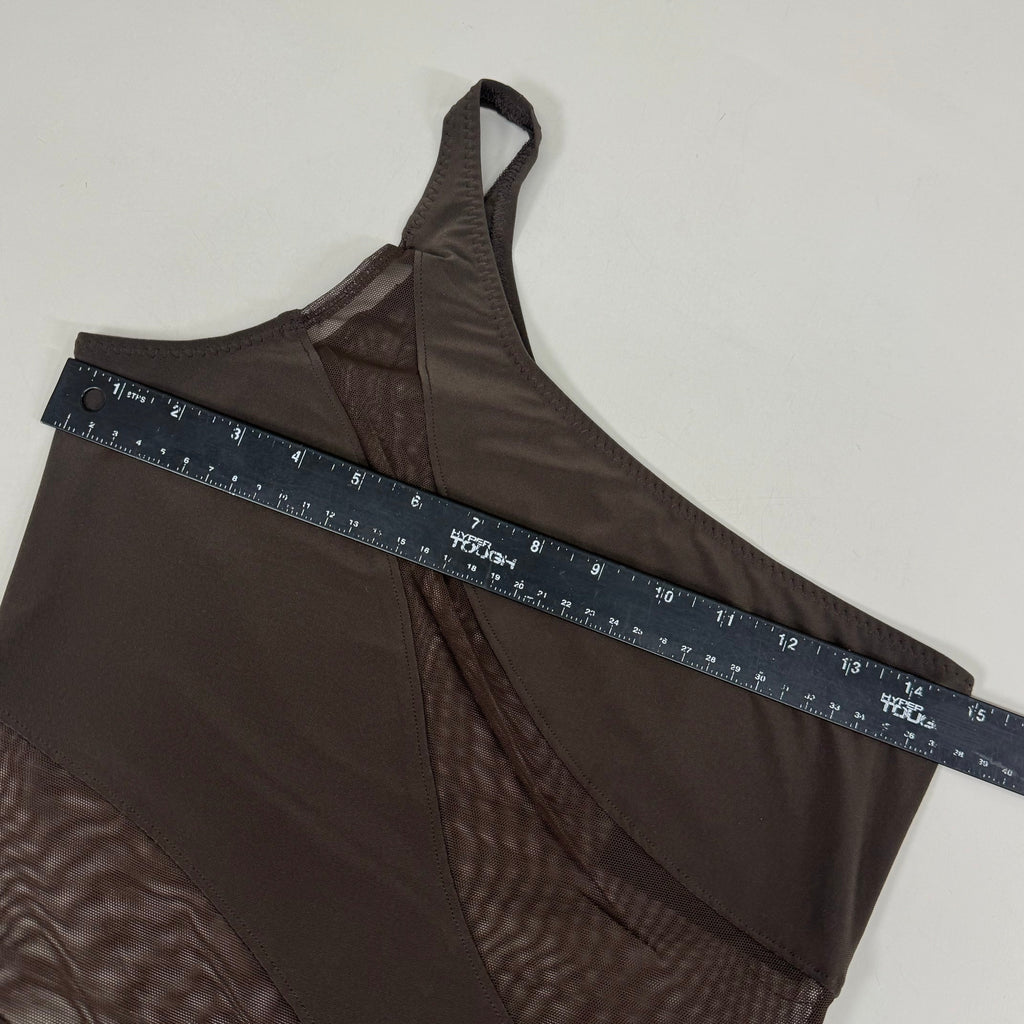 NORMA KAMALI One Shoulder Snake Mesh Catsuit Footsie Women's Sz L/40 Chocolate