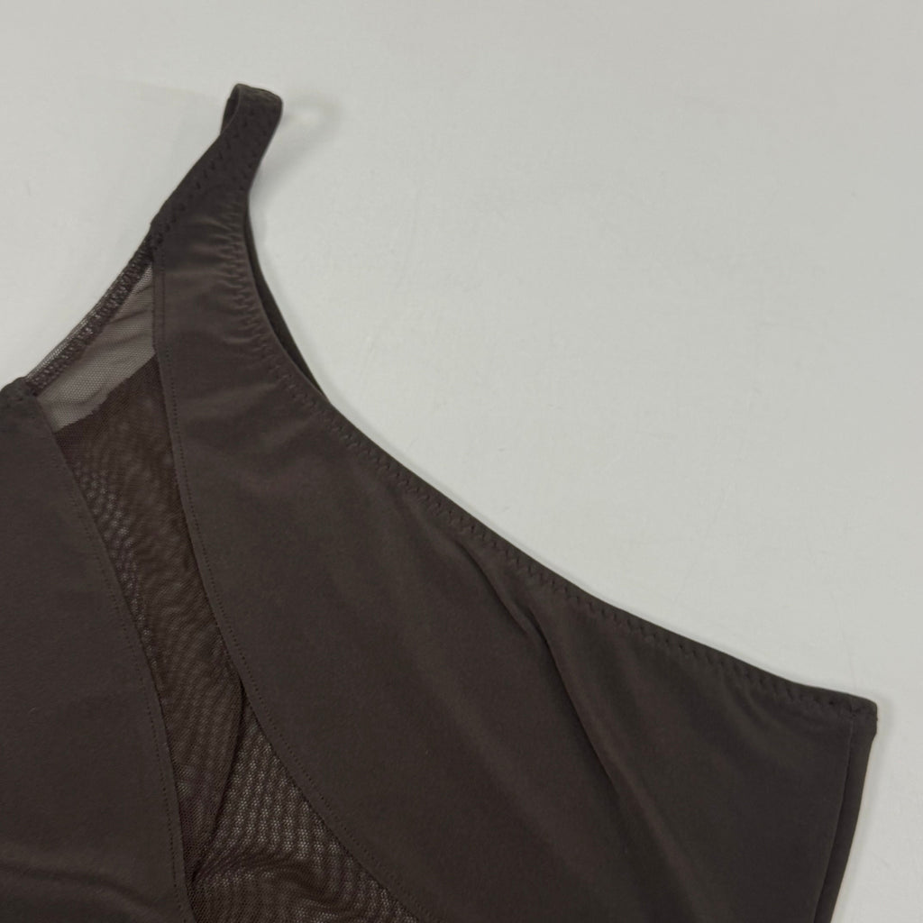 NORMA KAMALI One Shoulder Snake Mesh Catsuit Footsie Women's Sz L/40 Chocolate