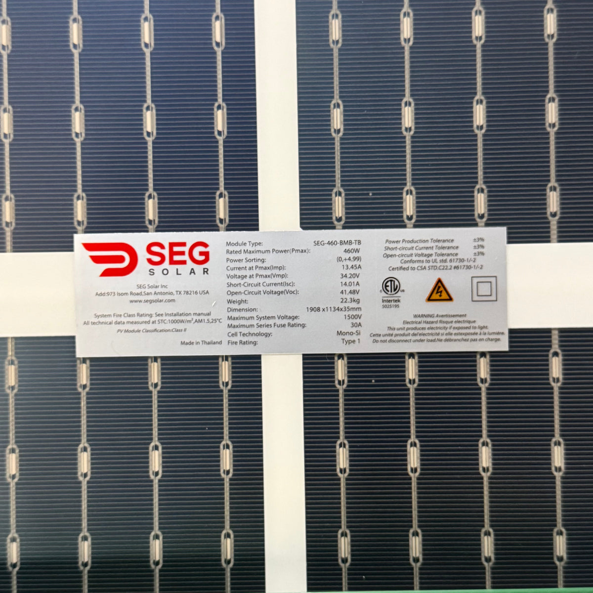 SEG SOLAR Photovoltaic Solar Panel Module Black 460W 75" L x 45" H x 1.5" W SEG-460-BMB-TB