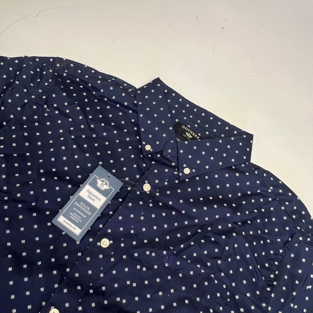DOCKERS Stain Defender Button Up Shirt Daisy Pattern Men's Sz XL Navy Blue