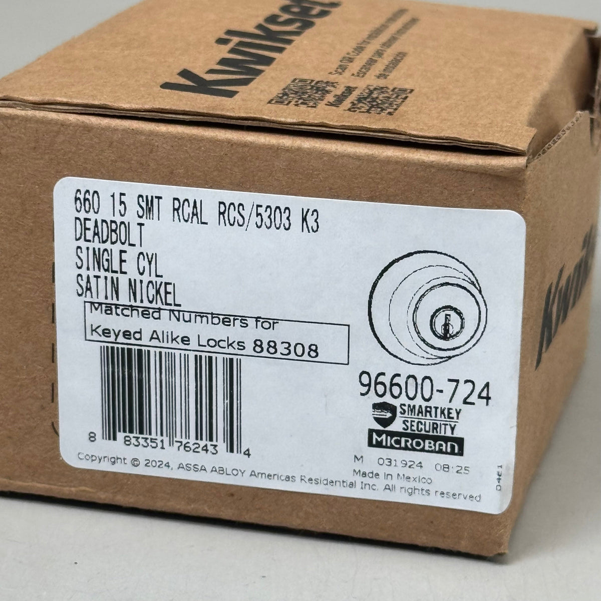 KWIKSET Deadbolt Single Cylinder Door Hardware Satin Nickel Key 96600-724