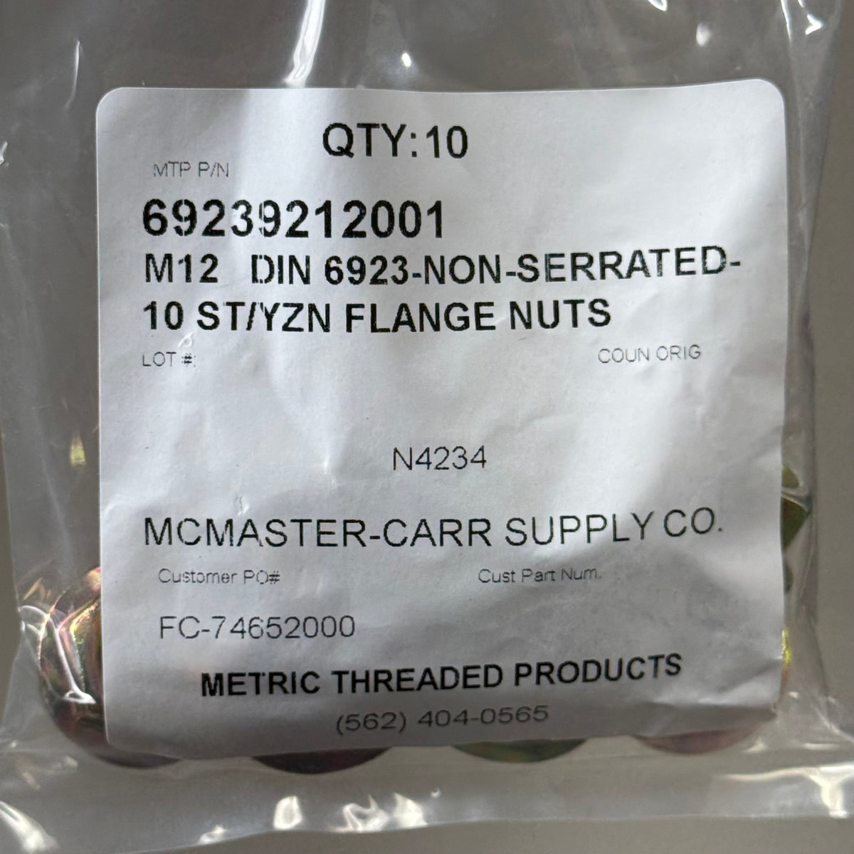METRIC THREADED PRODUCTS (2 PACK, 10 EACH) M12 DIN 6923 Non Serrated 10 ST/YZN Flange Nuts