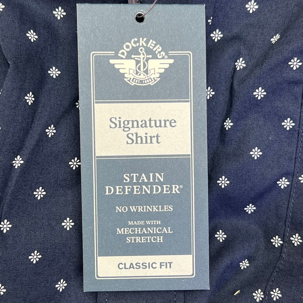DOCKERS Stain Defender Button Up Shirt Daisy Pattern Men's Sz XXL Navy Blue
