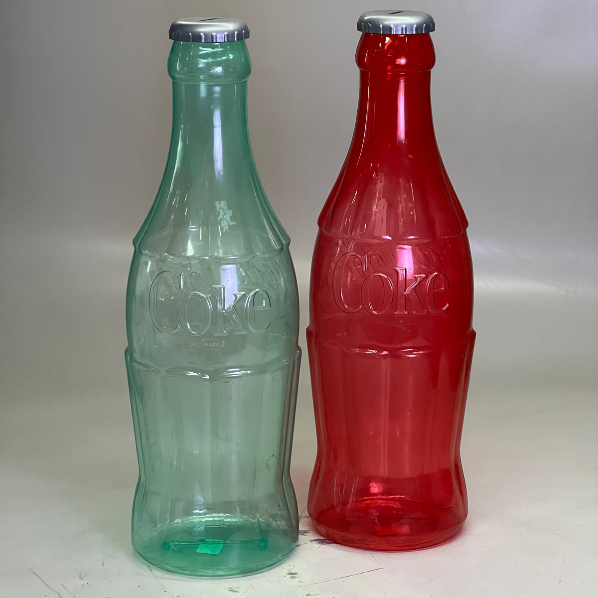 ZA@ COCA-COLA (2 PACK) Plastic Coke Bottle Bank 22"H Green & Red (AS-IS) D