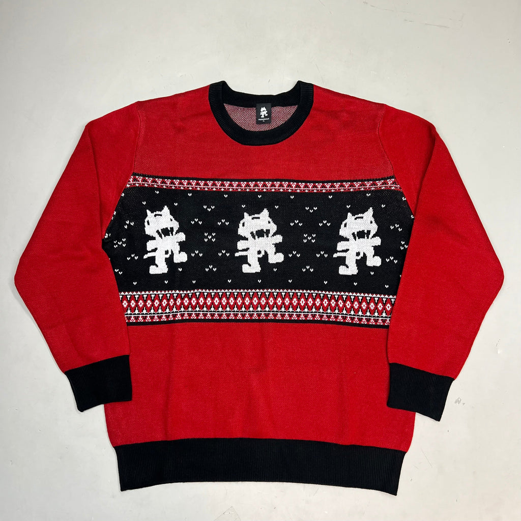 MONSTERCAT Records Holiday Intarsia Pullover Sweater Men's Sz S Deep Red/Black