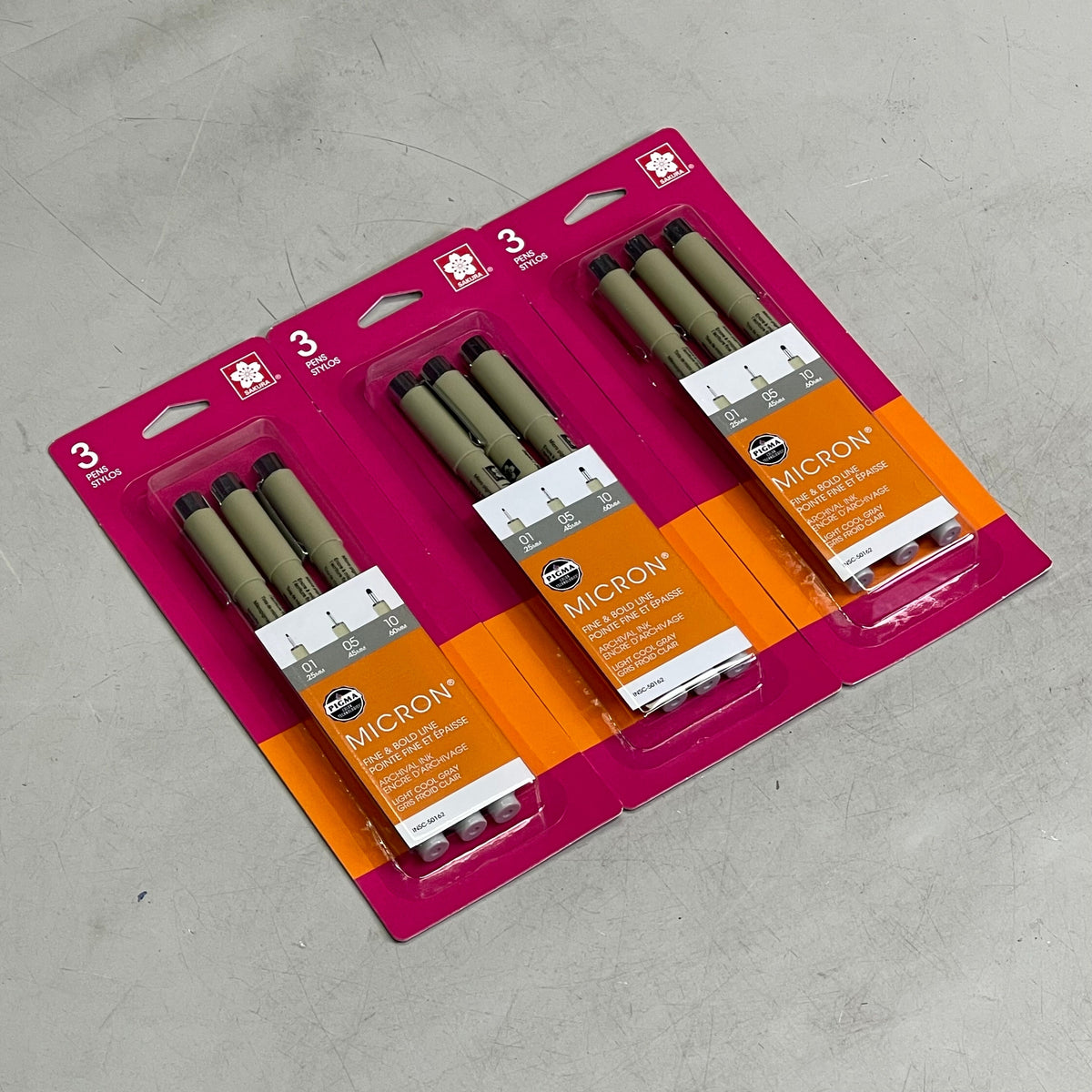 SAKURA (3-Pack) Pigma Micron Pens 0.25mm, 0.45mm, 0.60mm Light Cool Gray 37903