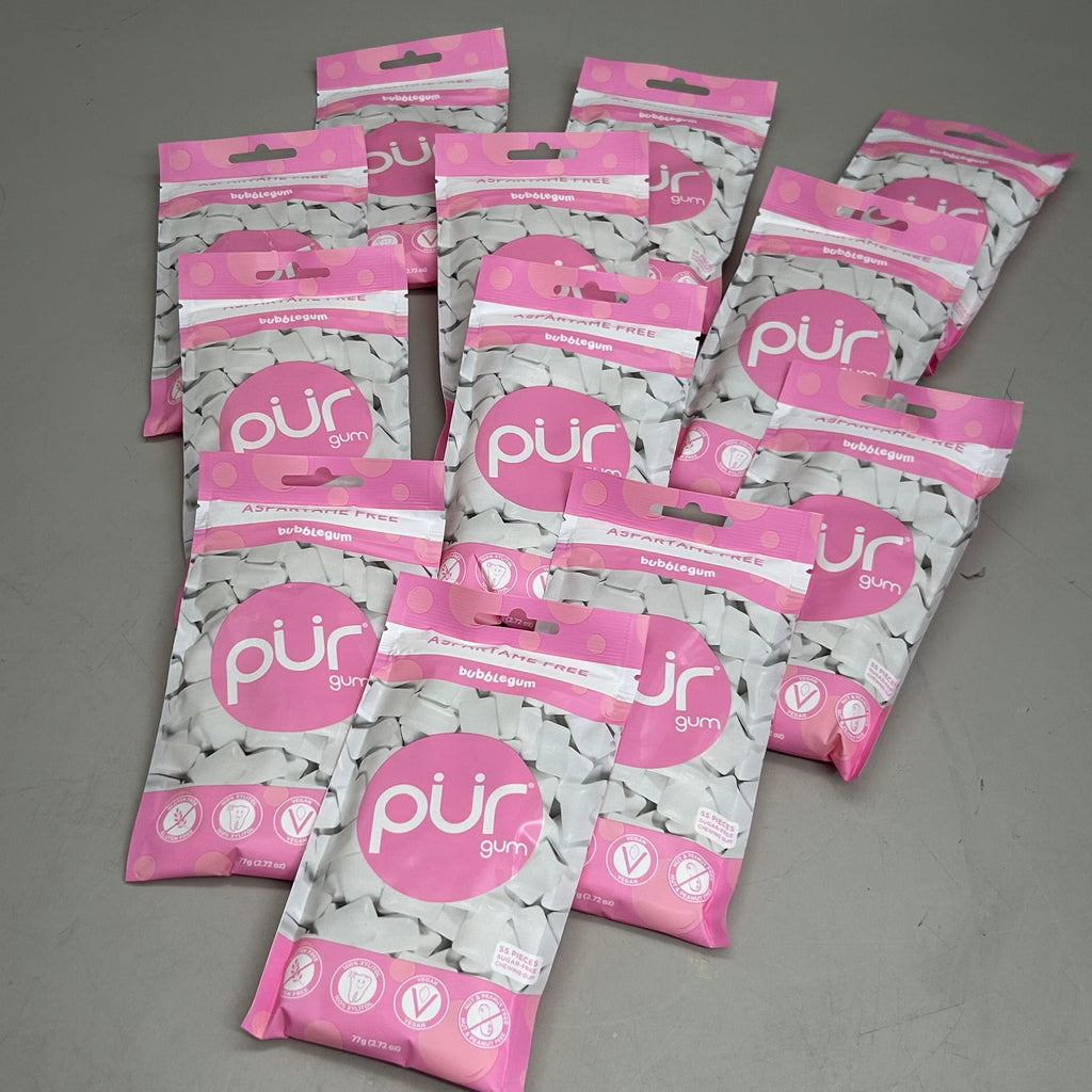 PUR (12 PACK, 55 Pieces Each) Sugar Free BubbleGum Flavored Chewing Gum