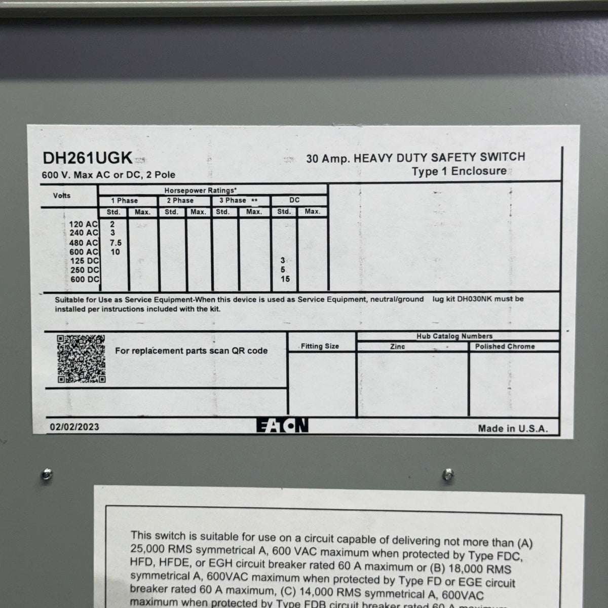 EATON Heavy Duty Safety Switch Sz 48" x 34", Grey DH261UGK