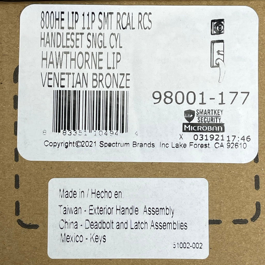 KWIKSET Hawthorne Handle Set Single Cylinder SmartKey Venetian Bronze 98001-177
