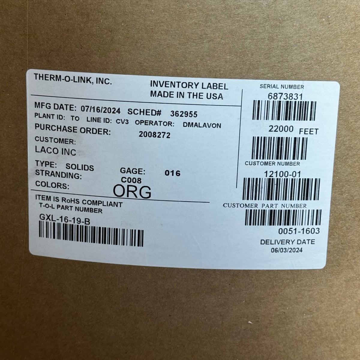 THERM O LINK Insulated Copper Wire 22000 ft Orange GXL-16-19-B
