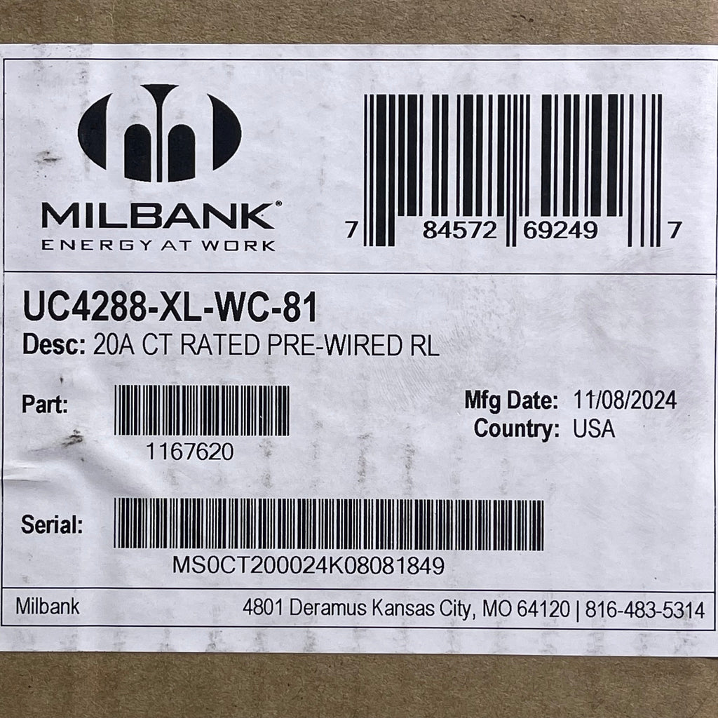 MILBANK Ringless Meter Socket 20A CT Rated Pre-Wired RL 600 Volt UC4288-XL-WC-81