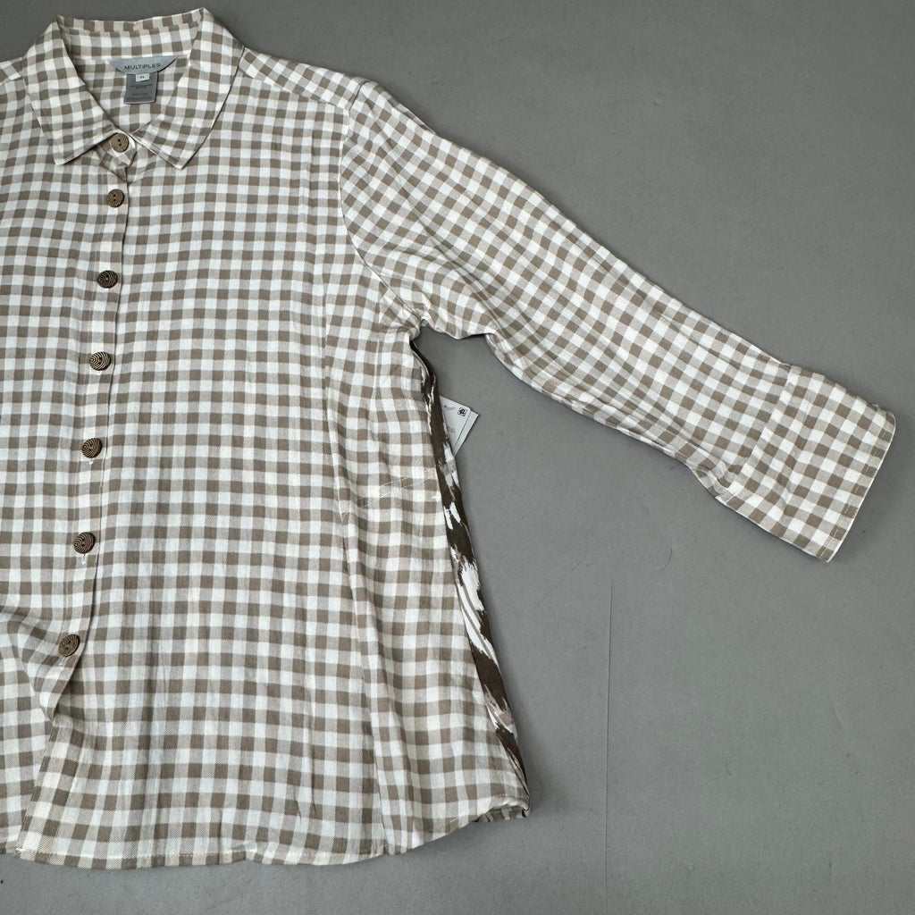 MULTIPLES Button-Up Plaid Shirt w/Cuff Petite Women's Sz PL Brown/Cream M44506BP
