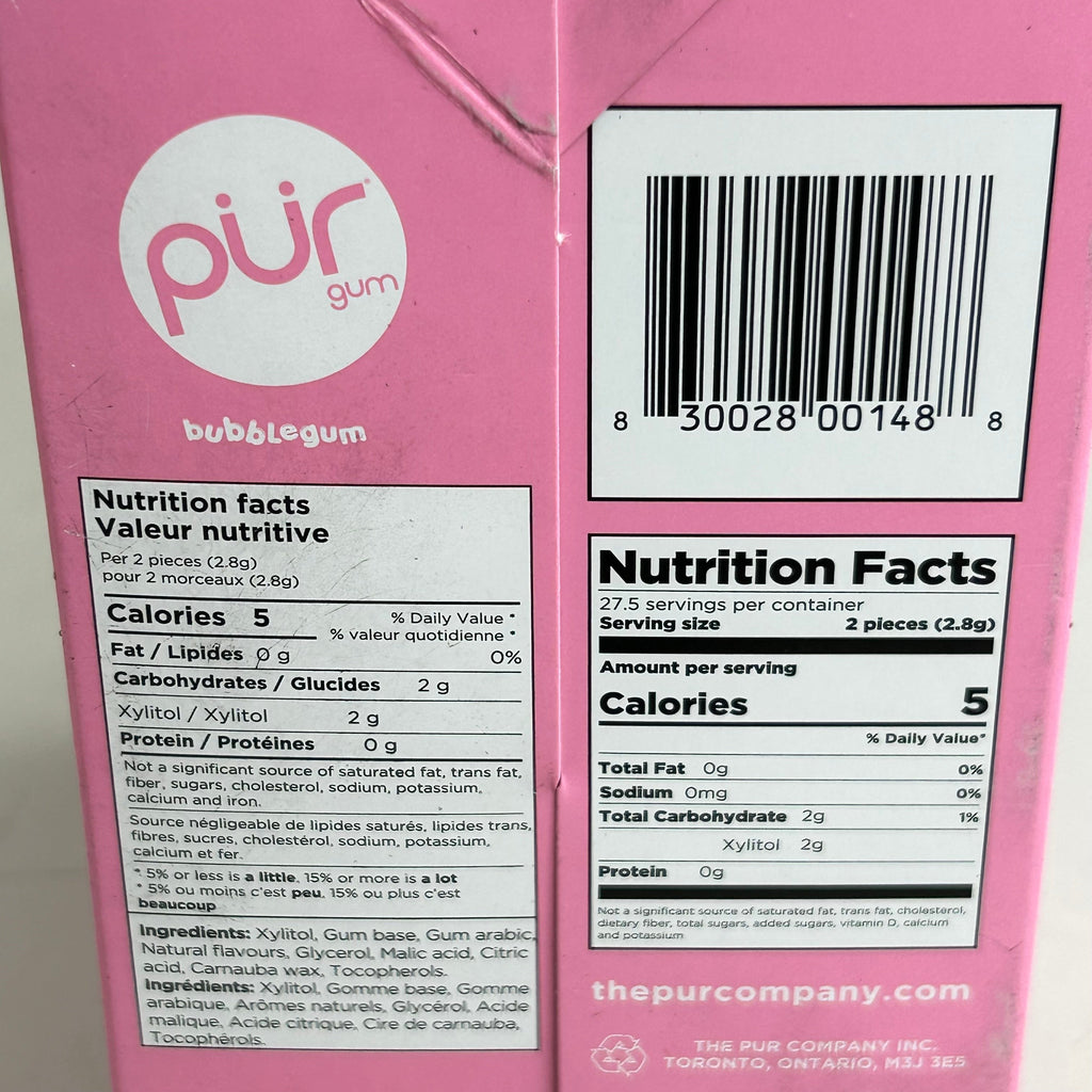 PUR (12 PACK, 55 Pieces Each) Sugar Free BubbleGum Flavored Chewing Gum