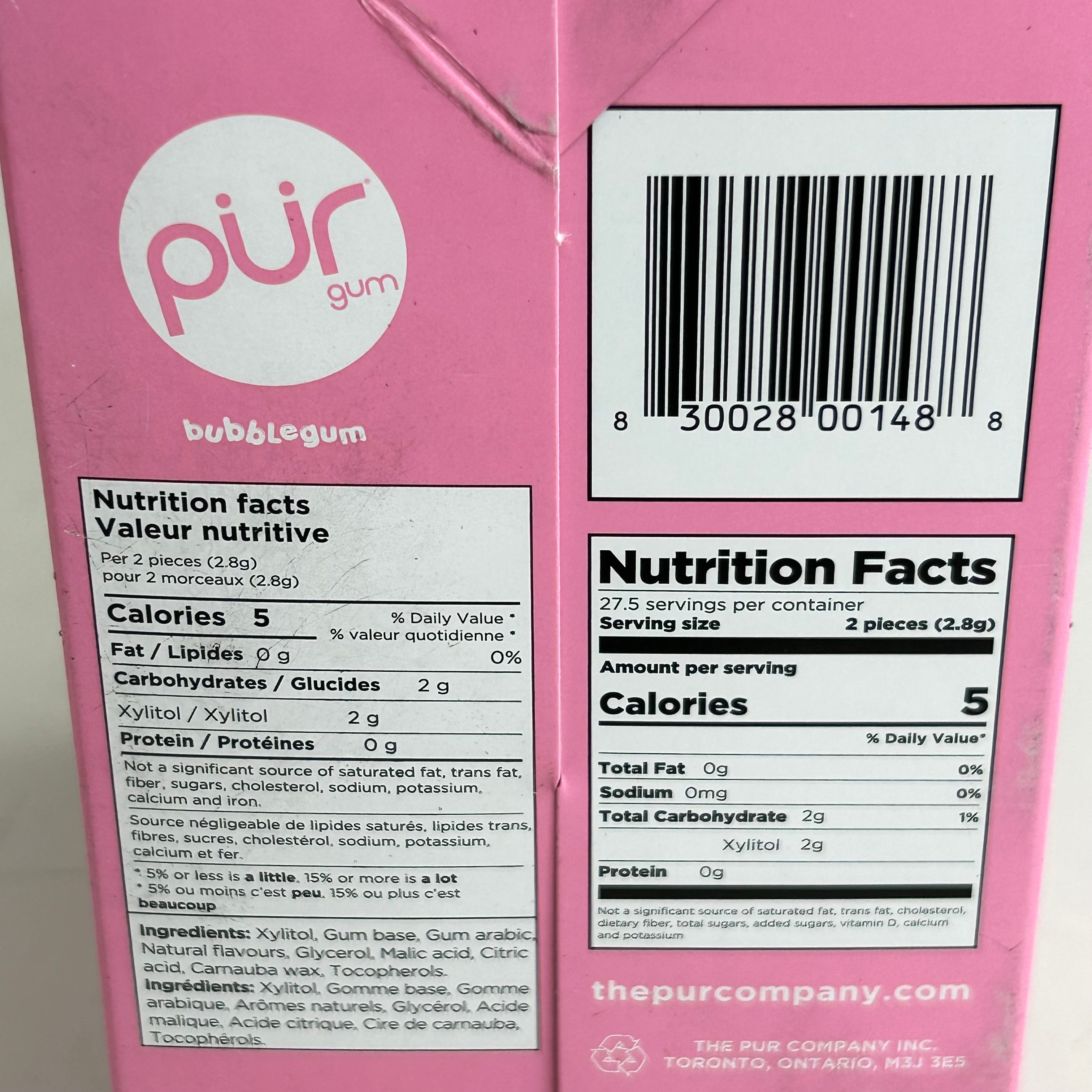 PUR (12 PACK, 55 Pieces Each) Sugar Free BubbleGum Flavored Chewing Gum