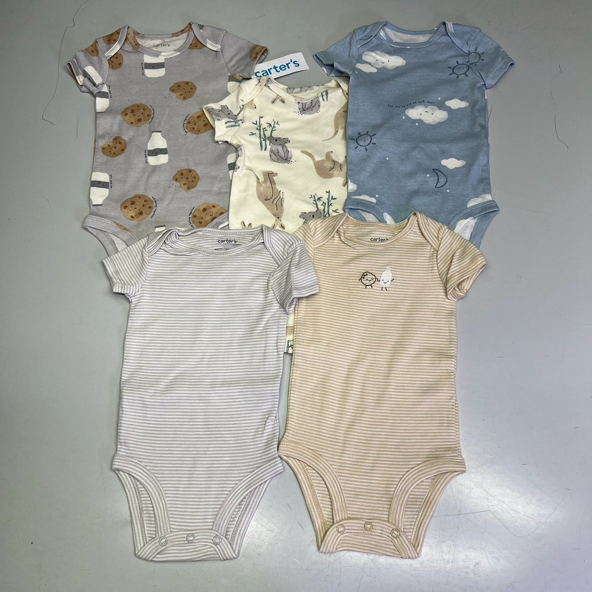 CARTERS (5 PIECE SET) Milk & Cookie - Animal Bodysuit Baby Boys Sz 3M Blue/White