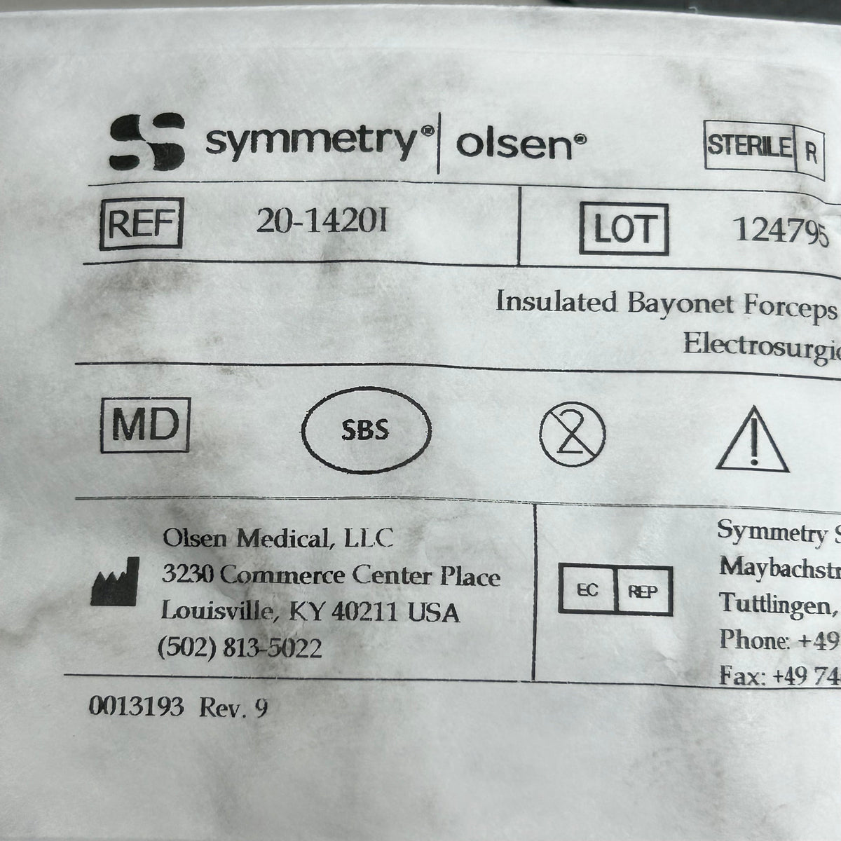 SYMMETRY OLSEN Insulated Bayonet Smooth Tip Forcep 8.25" Blue 20-1420I