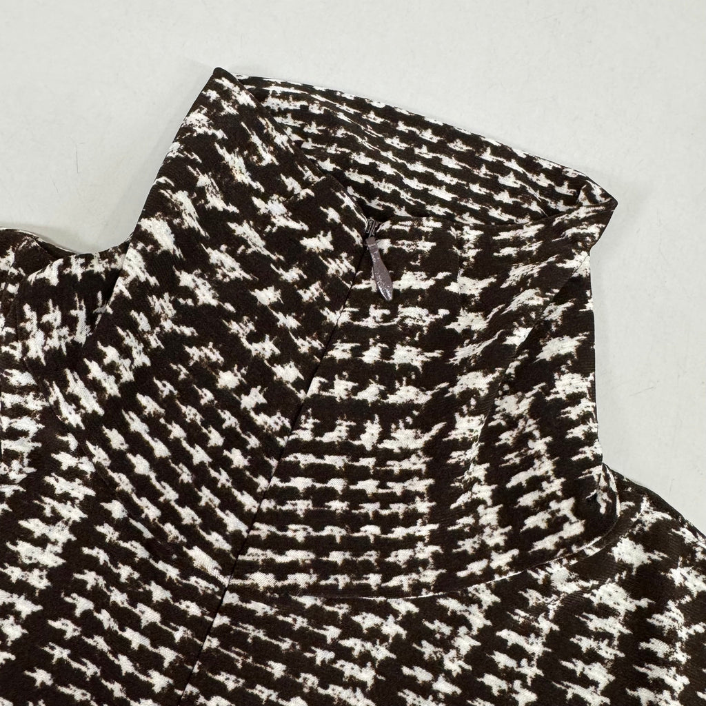 NORMA KAMALI Front Zip Slim Fit Turtle Top Women's Sz XS/34 Chocolate Plaid Tweed