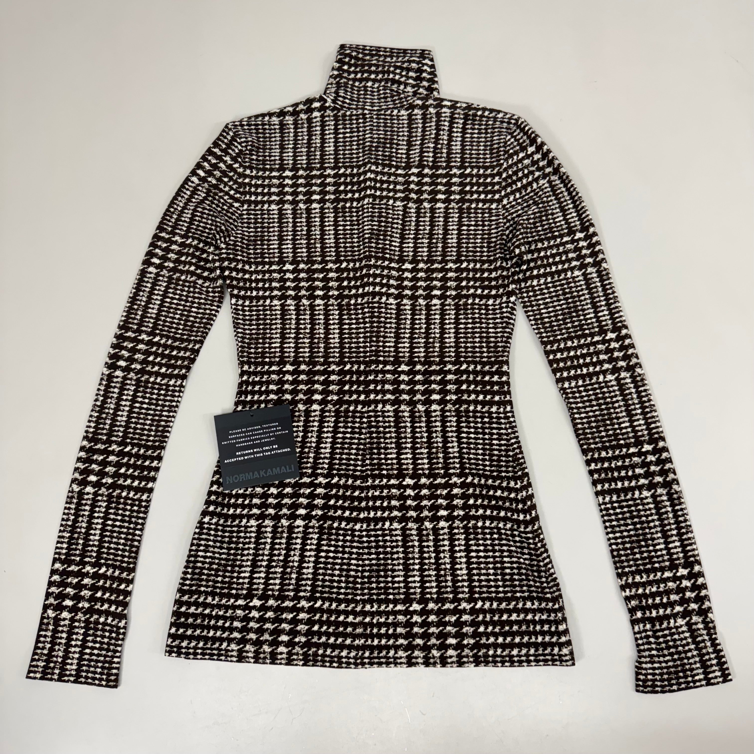 NORMA KAMALI Front Zip Slim Fit Turtle Top Women's Sz XS/34 Chocolate Plaid Tweed