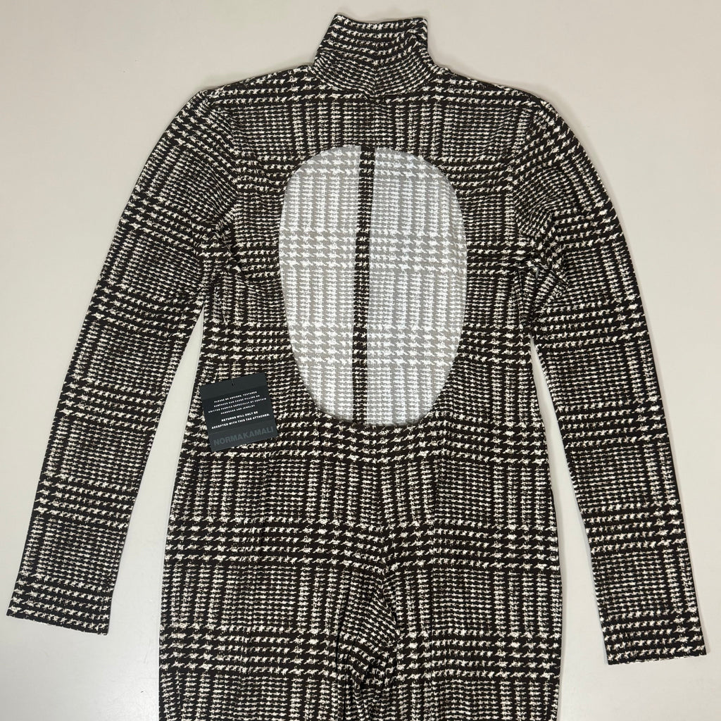 NORMA KAMALI Sleeve Open Back Catsuit Footsie Women's Sz XL/42 Chocolate Plaid
