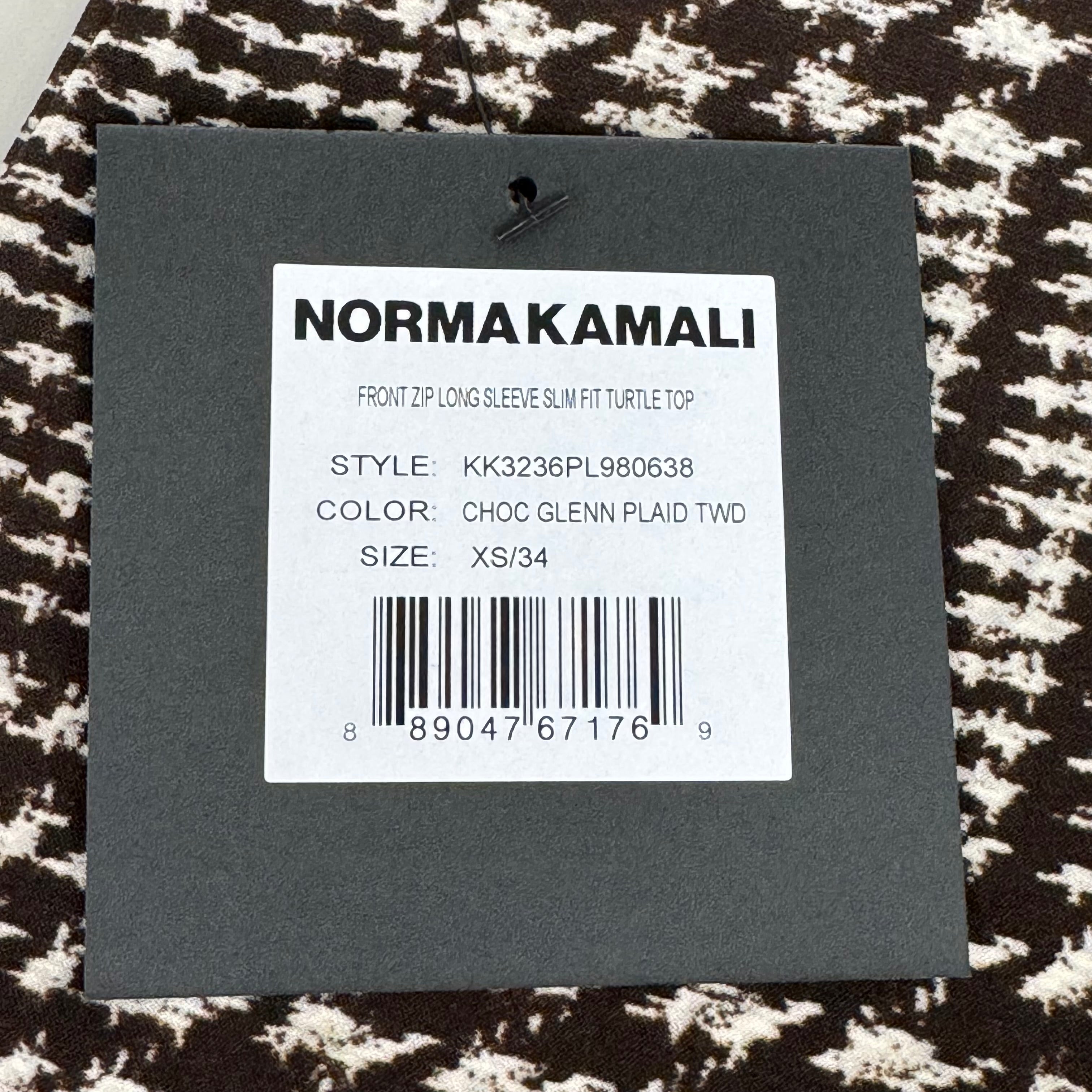 NORMA KAMALI Front Zip Slim Fit Turtle Top Women's Sz XS/34 Chocolate Plaid Tweed