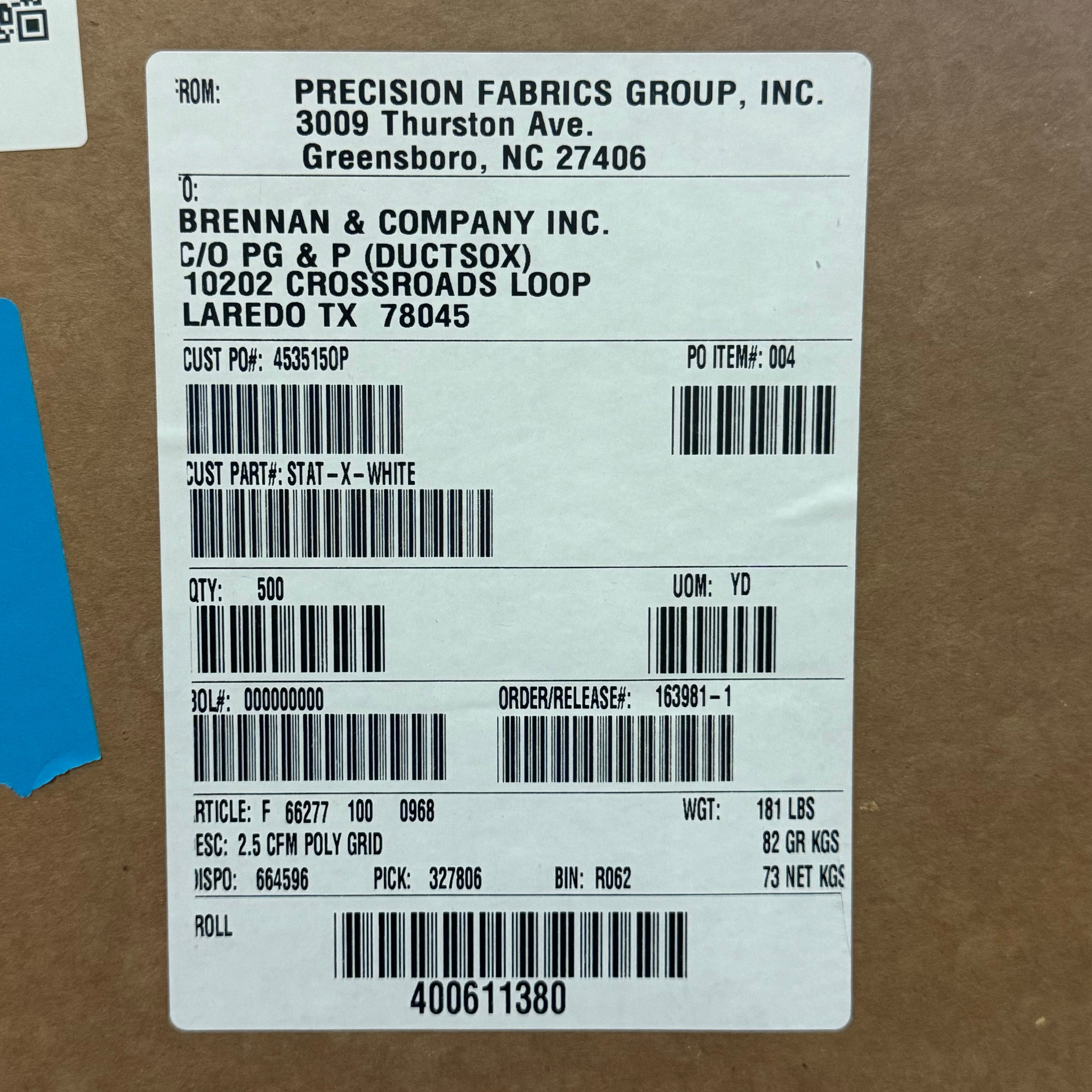 PRECISION FABRICS GROUP 2.5 CFM Poly Grid Fabric Sz 500 Yards L 63.5" W