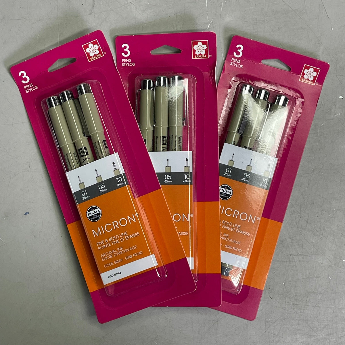 SAKURA (3-PACK) Pigma Micron Pens 0.25mm, 0.45mm, 0.60mm Cool Gray 50163