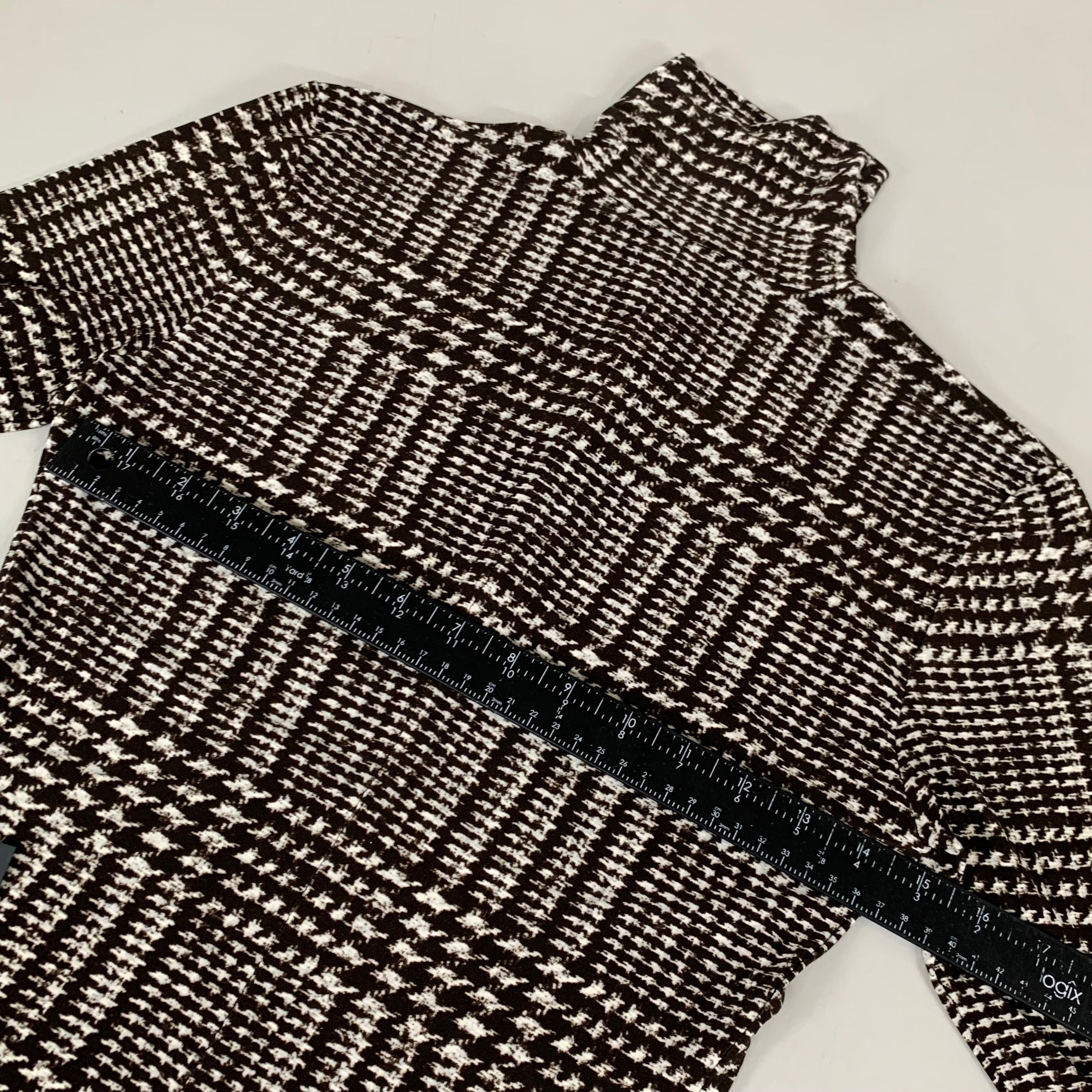 NORMA KAMALI Front Zip Slim Fit Turtle Top Women's Sz S/36 Chocolate Plaid Tweed