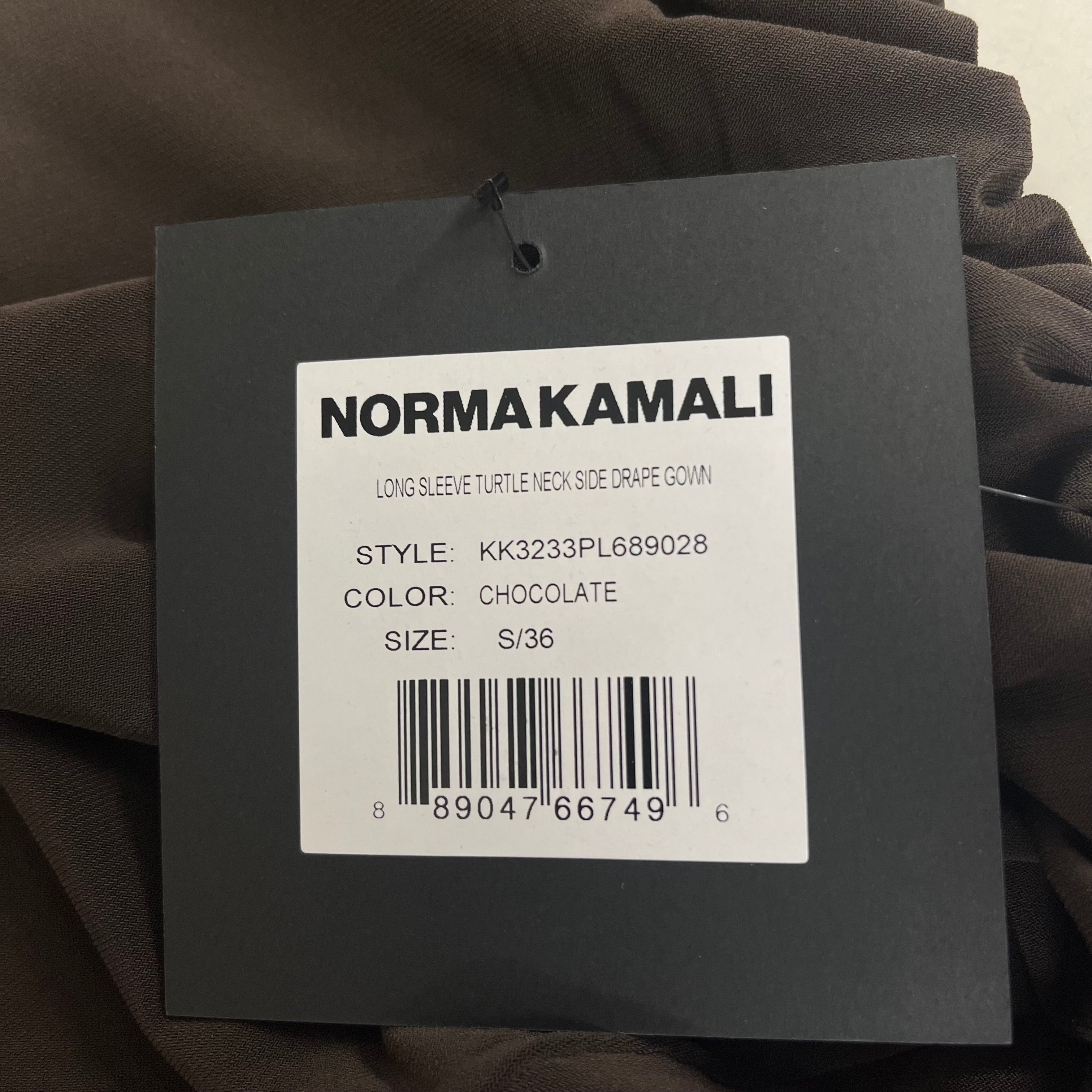NORMA KAMALI Turtle Neck Ruched Side Drape Gown Unlined Women's S/36 Chocolate