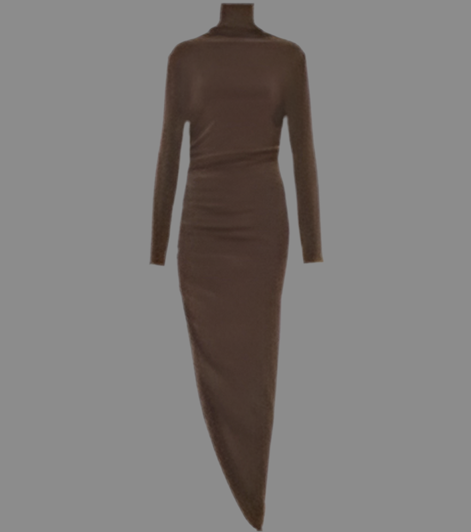 NORMA KAMALI Turtle Neck Ruched Side Drape Gown Unlined Women's S/36 Chocolate