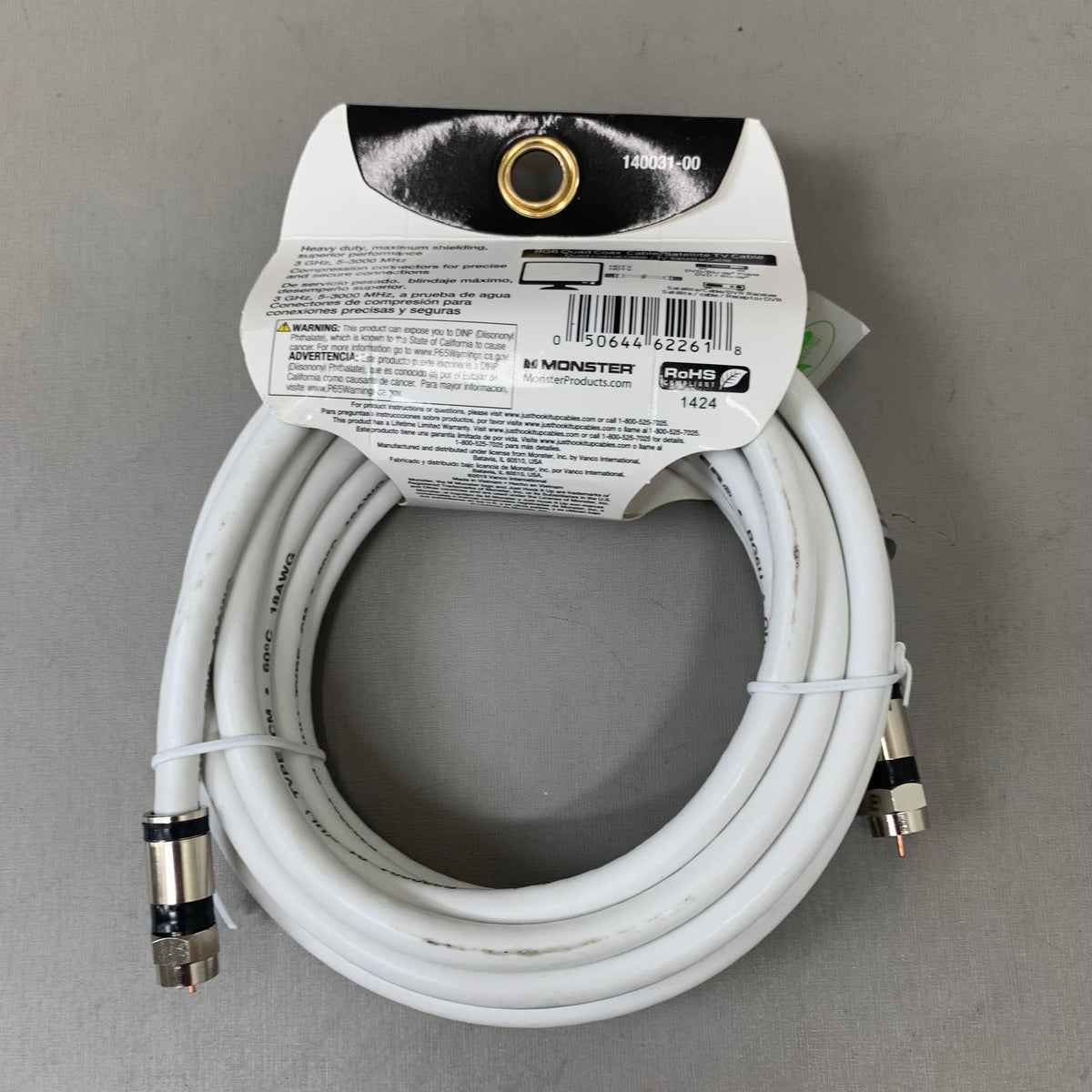 MONSTER (2Pack) RG6 Quad Coax Satellite Tv Cables 6ft, 12ft White 140037-00,140031-00