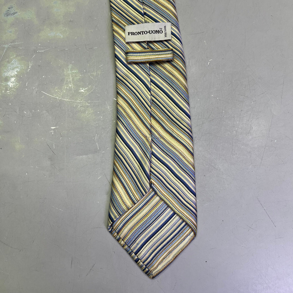 PRONTO UOMO 100% Silk Stripe Pattern Design Tie 60" Yellow/Blue (Pre-Owned)